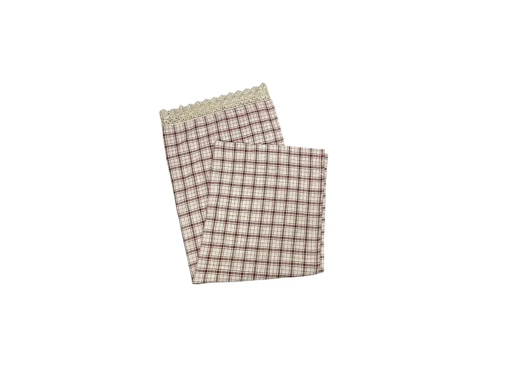 1 Single Vintage Curtain Panel Short Drape Red Beige Plaid Gold Lace Trim Linen